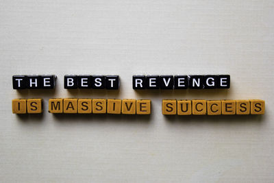 High angle view of information sign on table