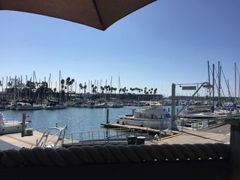 Boats moored in sea against clear sky