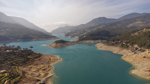 Aerial view of the famous reservoir on the dymchay river in turkey, alanya.