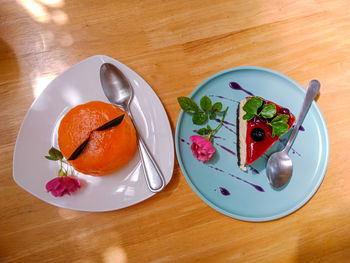 High angle view of dessert in plate on table