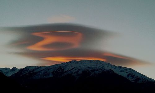 Scenic view of mountains against sky at sunset