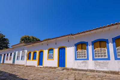 Low angle view of building against clear blue sky