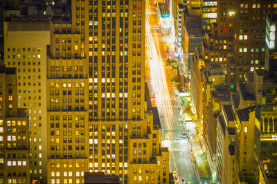 View of city lit up at night