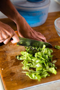 Midsection of person preparing food on cutting board