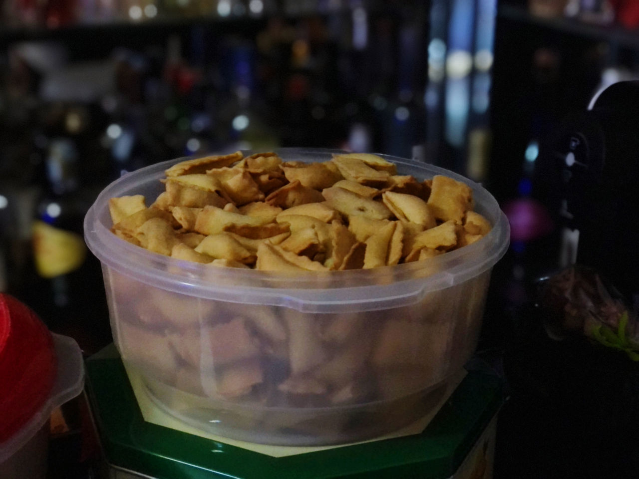 CLOSE-UP OF FOOD ON TABLE AT NIGHT