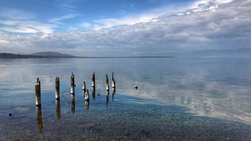 Wooden posts in sea against cloudy sky