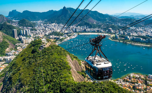 High angle view of overhead cable cars in city