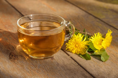 Close-up of tea in glass on table