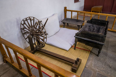 High angle view of empty bench on table at home