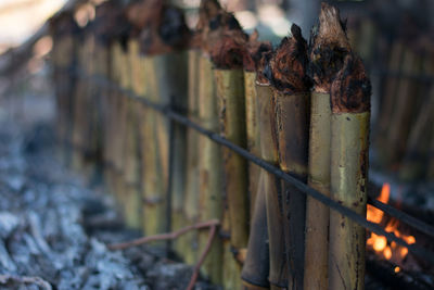 Close-up of metal fence on wood