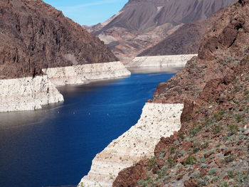 Scenic view of river amidst mountains against sky