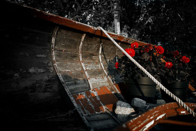 High angle view of red boat against trees