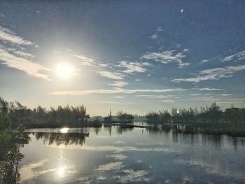 Scenic view of lake against sky at sunset