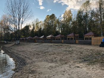 Trees and houses on field against sky