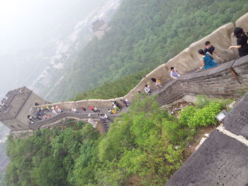 High angle view of people at great wall of china