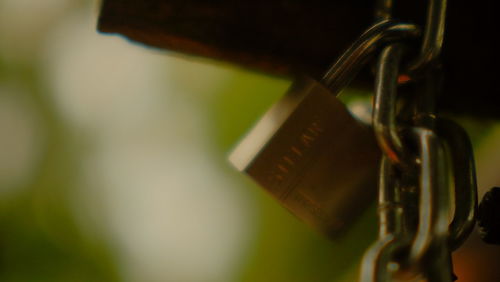 Close-up of padlocks hanging on metal chain