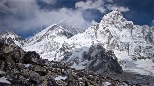 Low angle view of snowcapped mountains against sky