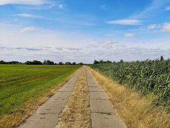 Empty road amidst agricultural field against sky