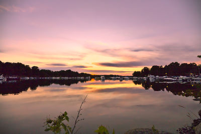 Scenic view of lake against sky during sunset