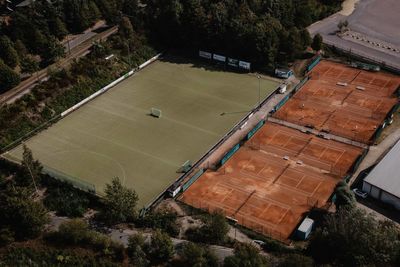 High angle view of soccer field