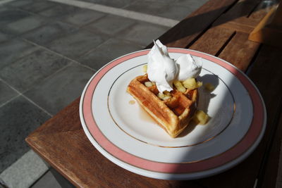 High angle view of breakfast served on table