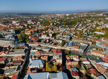 High angle shot of townscape against sky