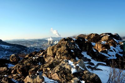 Panoramic view of landscape against clear blue sky