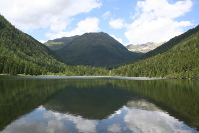 Scenic view of lake and mountains against sky