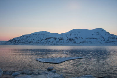 Scenic view of frozen lake against clear sky during sunset