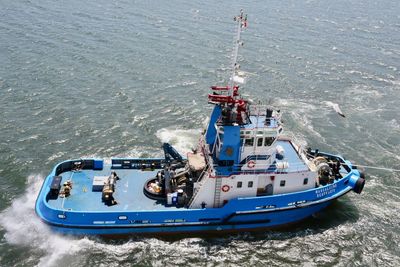 High angle view of ship in sea