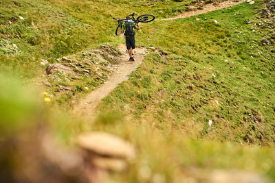 Rear view of man walking on footpath