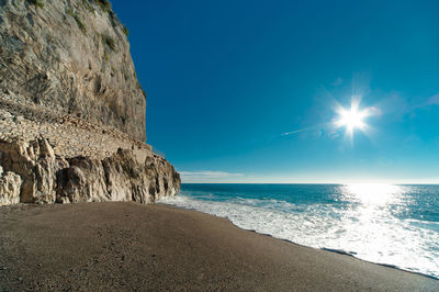 Scenic view of beach against clear blue sky