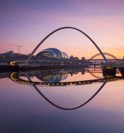 Reflection of bridge in city at sunset