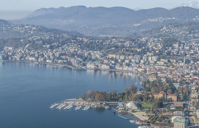 High angle view of river amidst buildings in city