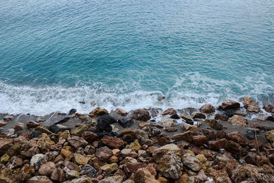 High angle view of rocks on beach