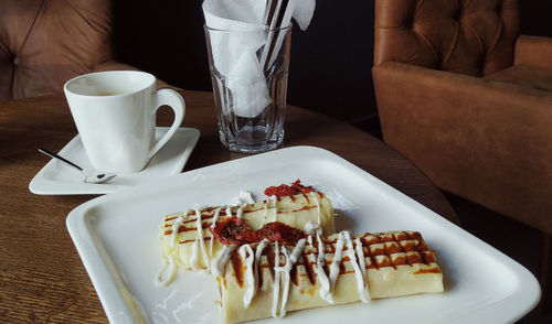 High angle view of breakfast served on table