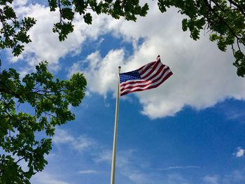 Low angle view of flag against sky
