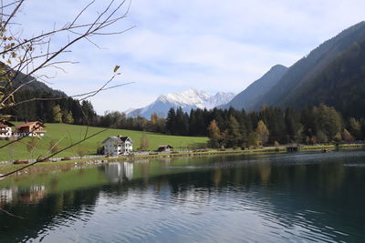 Scenic view of lake and mountains against sky