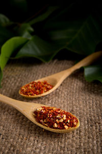 High angle view of dried chili in wooden spoons on burlap