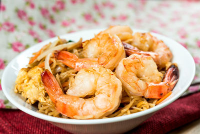 Close-up of noodles with shrimp