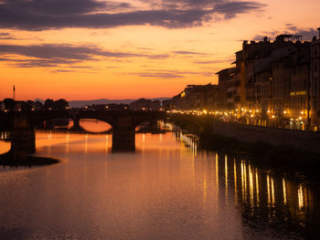 Illuminated bridge over river by buildings against sky during sunset