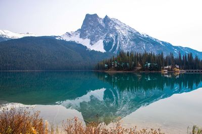 Scenic view of lake and snowcapped mountains against sky