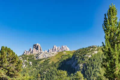 Scenic view of mountains against clear blue sky