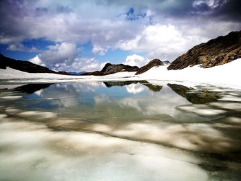 Scenic view of lake by snowcapped mountain against sky