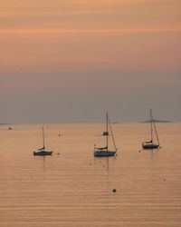 Sailboats in sea against sky during sunset