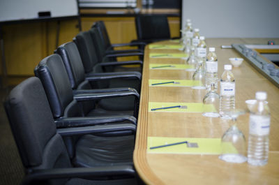 Close-up of chairs on table