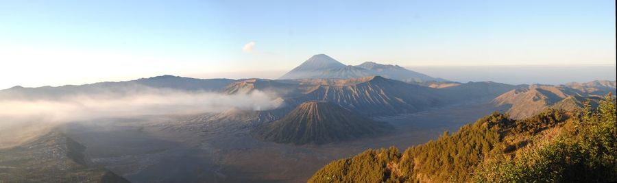 Panoramic view of volcanic landscape against sky