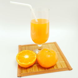 Glass of orange juice on table