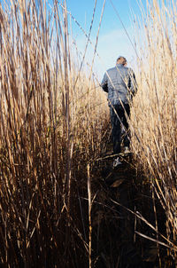 Rear view of man standing on field against sky