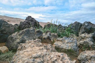 Rocks on beach against sky